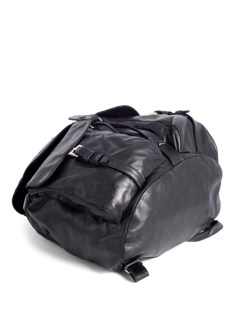 Prada Leather Double Pocket Drawstring Backpack Black-designer resale