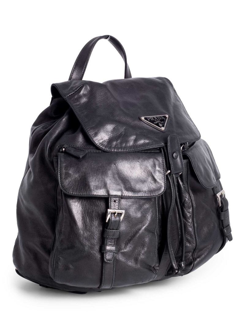 Prada Leather Double Pocket Drawstring Backpack Black