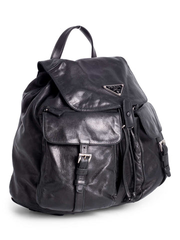 Prada Leather Double Pocket Drawstring Backpack Black-designer resale