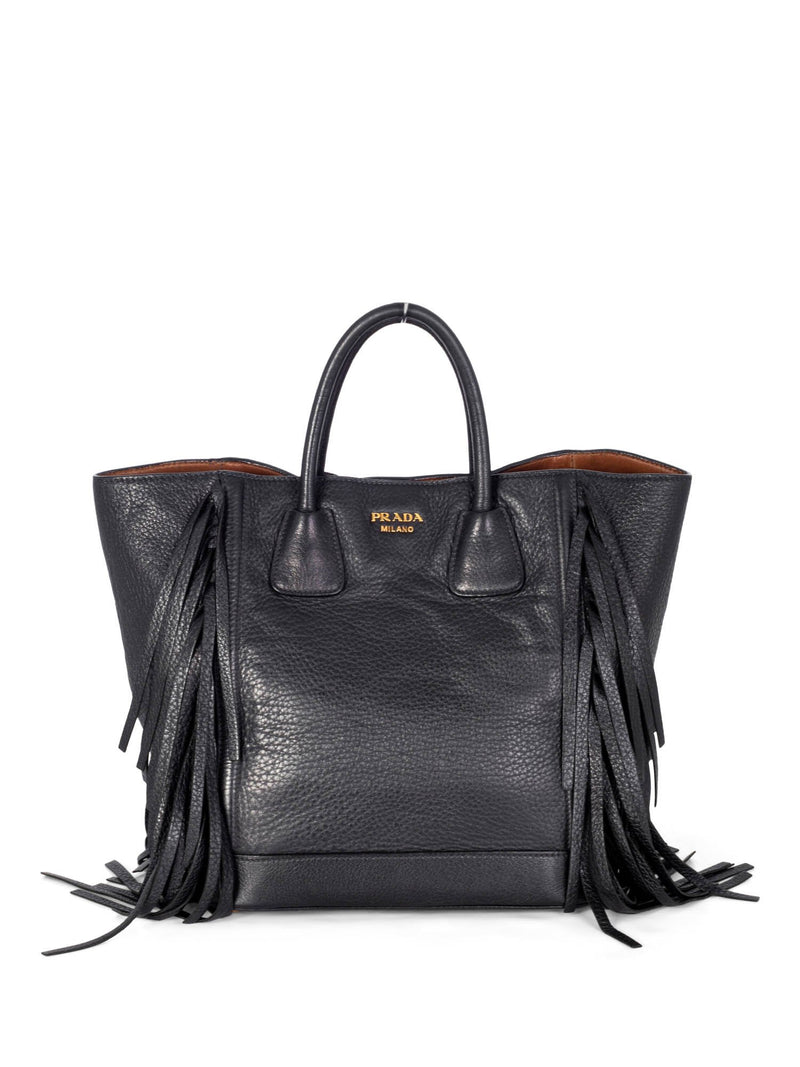 Prada Leather Fringe Large Shopper Bag Black-designer resale