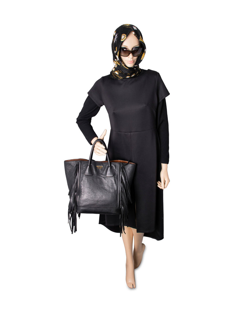 Prada Leather Fringe Large Shopper Bag Black-designer resale