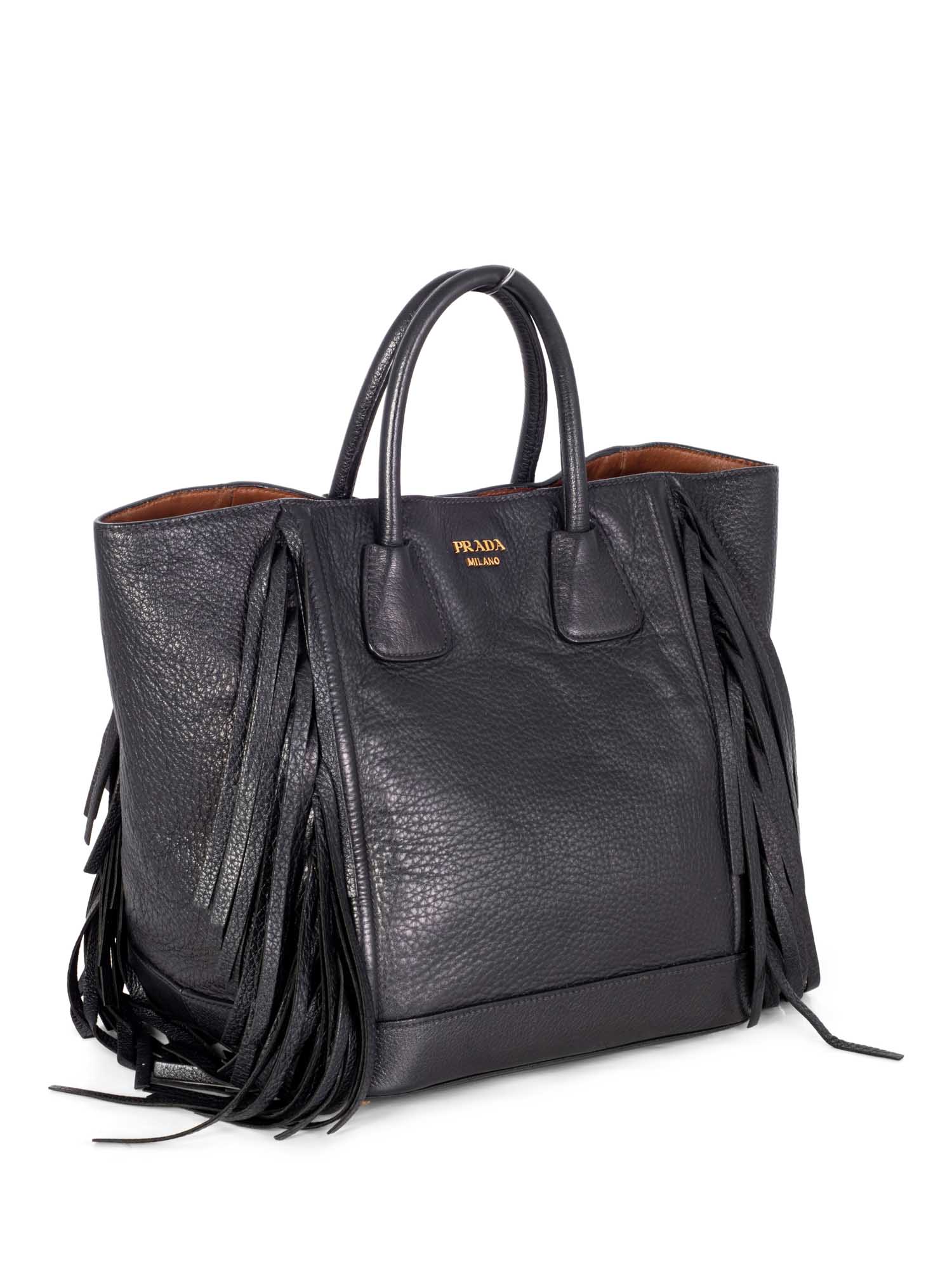 Prada Leather Fringe Large Shopper Bag Black-designer resale