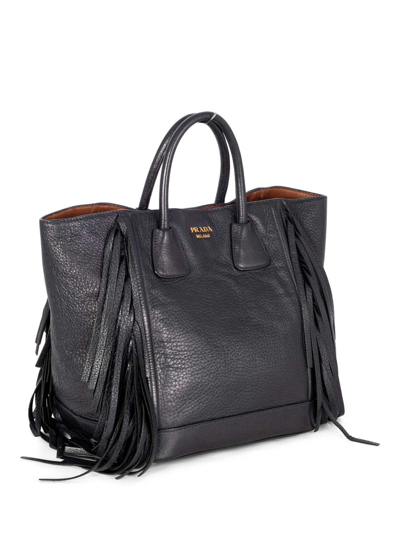 Prada Leather Fringe Large Shopper Bag Black-designer resale