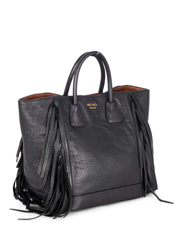 Prada Leather Fringe Large Shopper Bag Black-designer resale