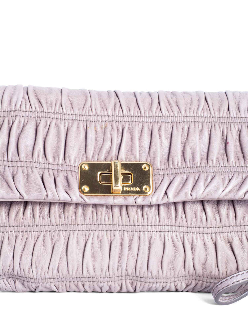 Prada Leather Gaufre Ruched Clutch Taupe-designer resale