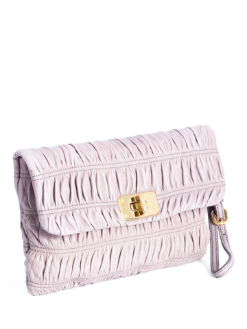 Prada Leather Gaufre Ruched Clutch Taupe-designer resale