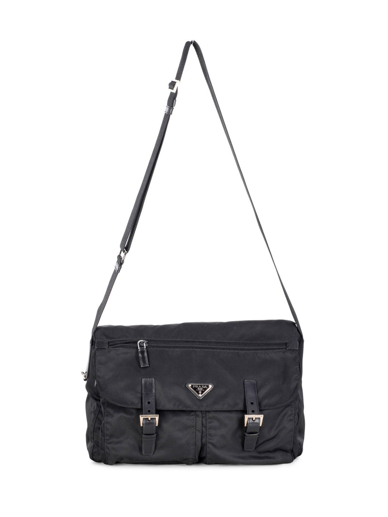 Prada Leather Nylon Large Messenger Bag Black-designer resale
