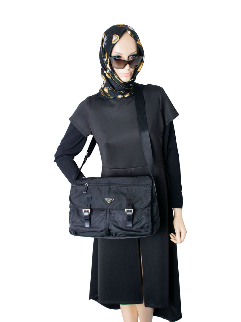 Prada Leather Nylon Large Messenger Bag Black-designer resale