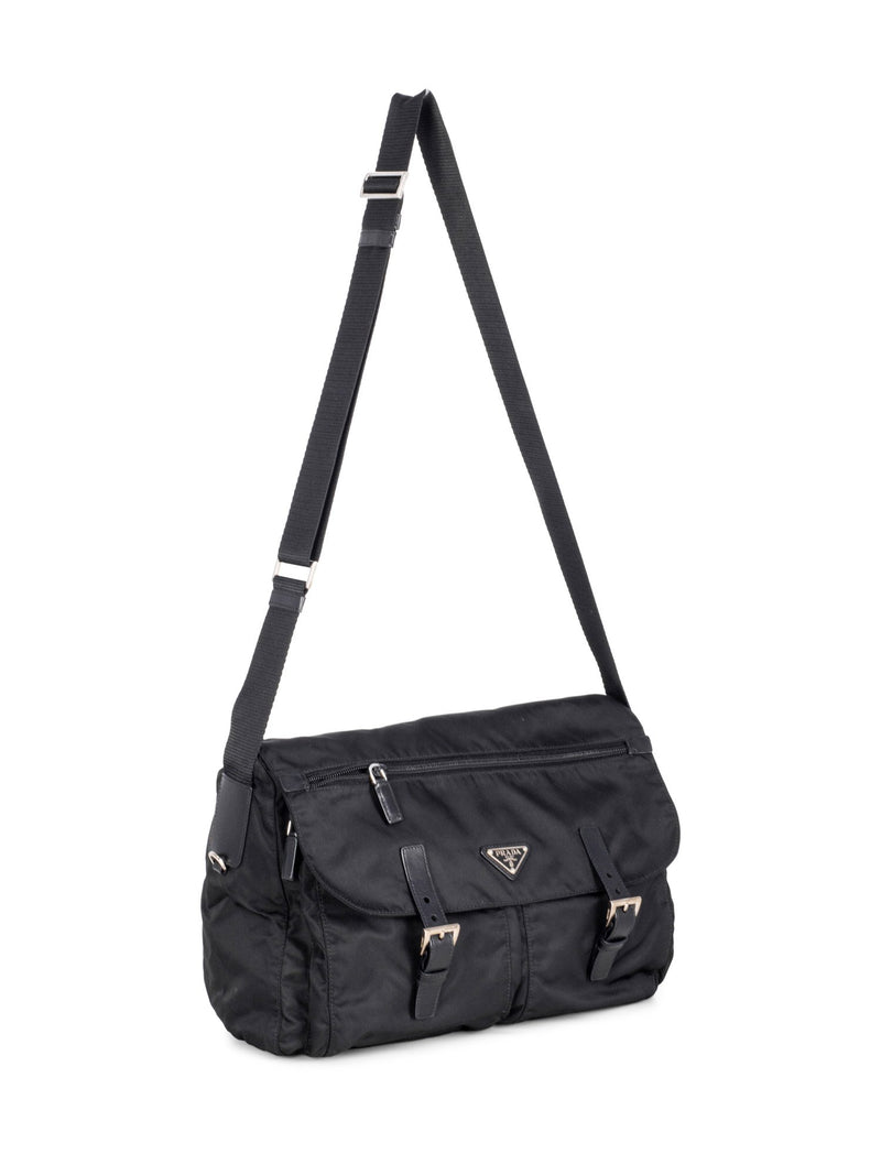 Prada Leather Nylon Large Messenger Bag Black-designer resale