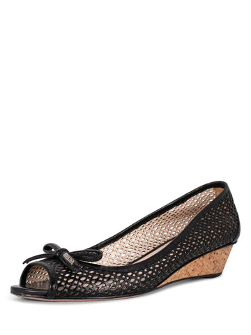 Prada Leather Peep Toe Wedges Black-designer resale