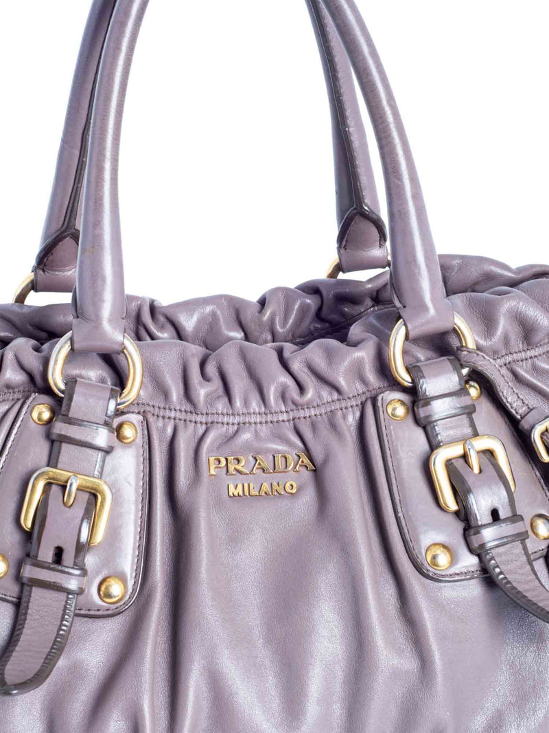 Prada Leather Ruched Top Handle Bag Taupe-designer resale