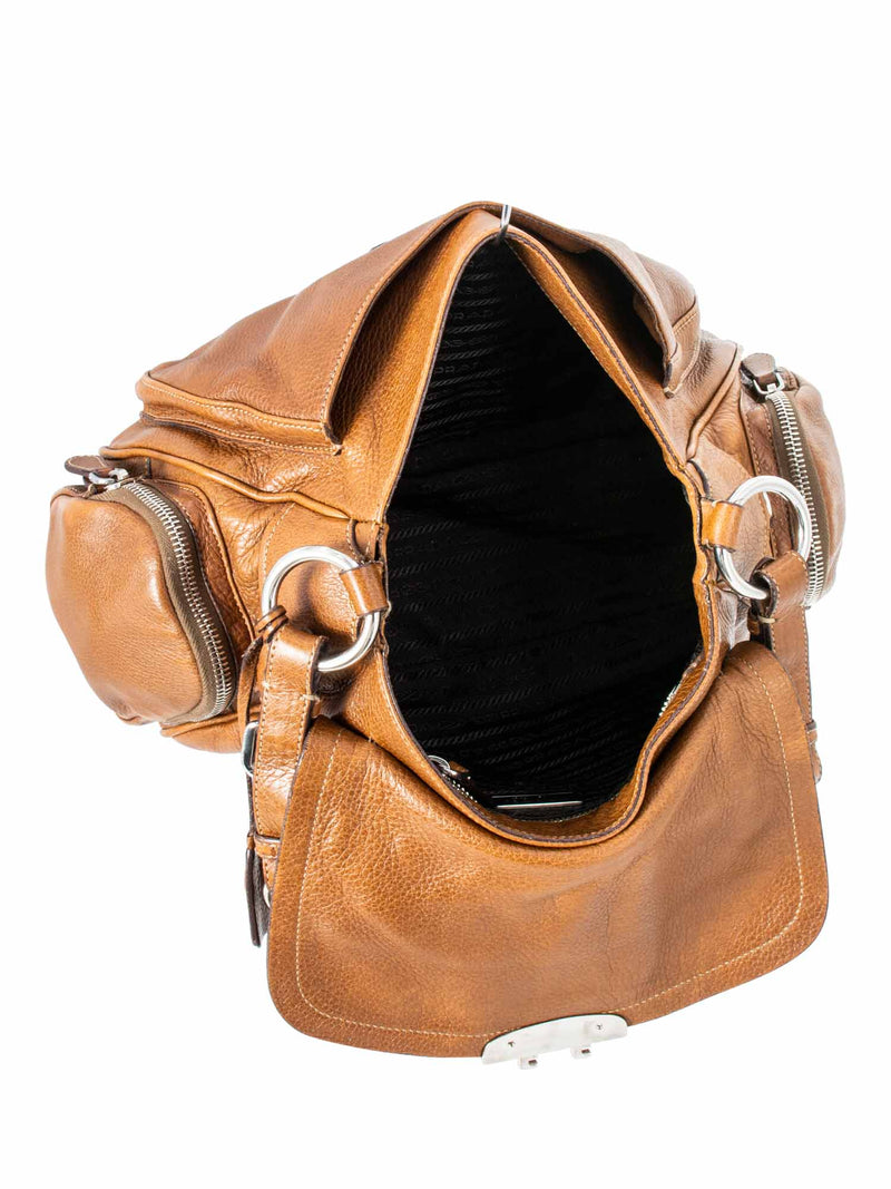 Prada Leather Side Pocket Hobo Shoulder Bag Brown-designer resale