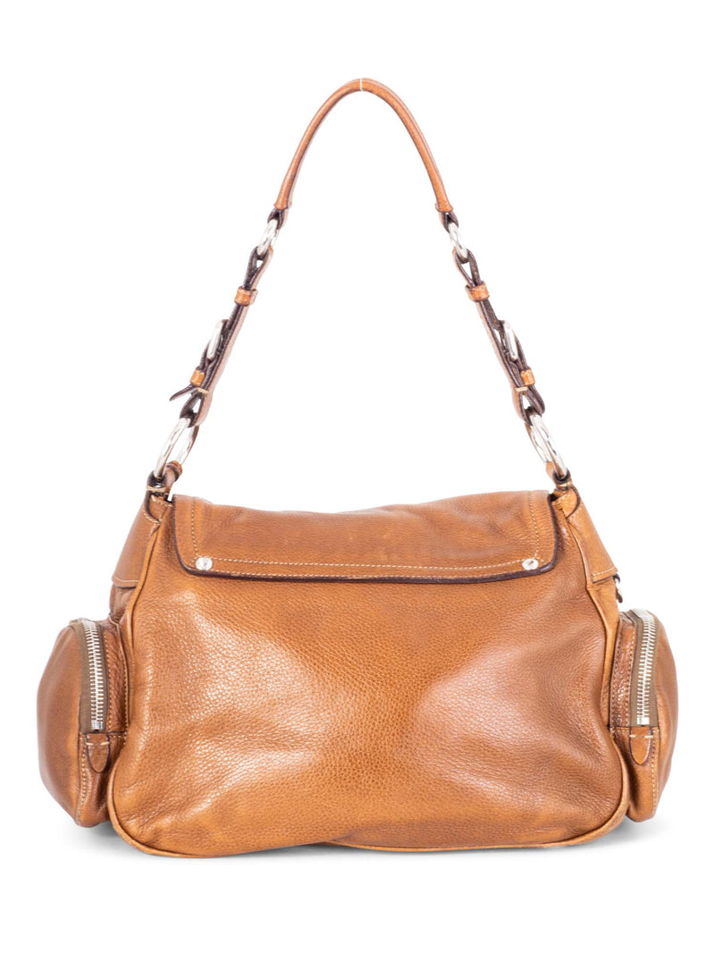 Prada Leather Side Pocket Hobo Shoulder Bag Brown-designer resale