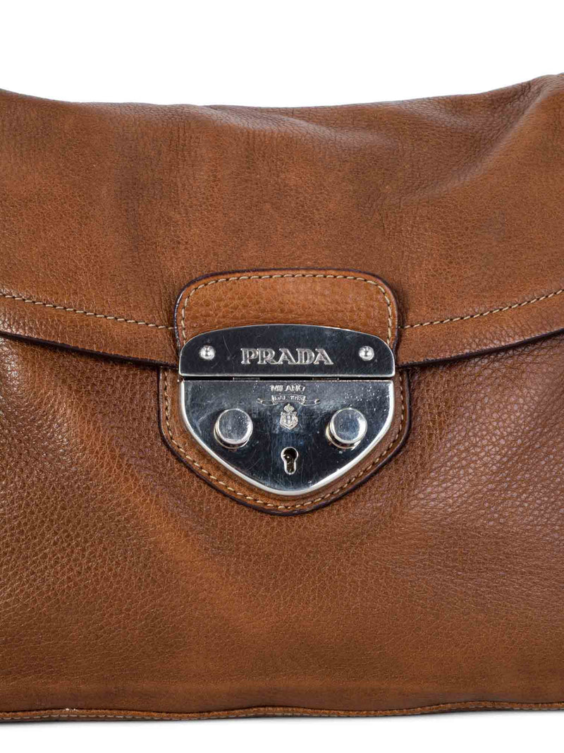 Prada Leather Side Pocket Hobo Shoulder Bag Brown-designer resale