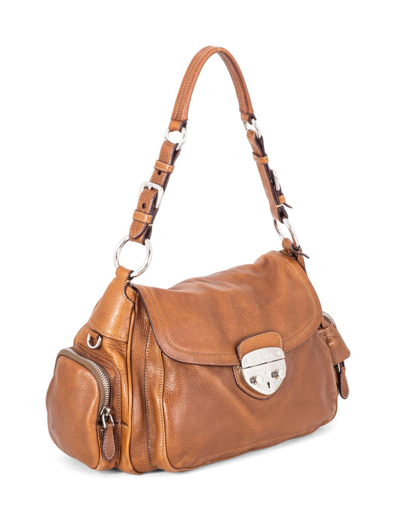 Prada Leather Side Pocket Hobo Shoulder Bag Brown-designer resale