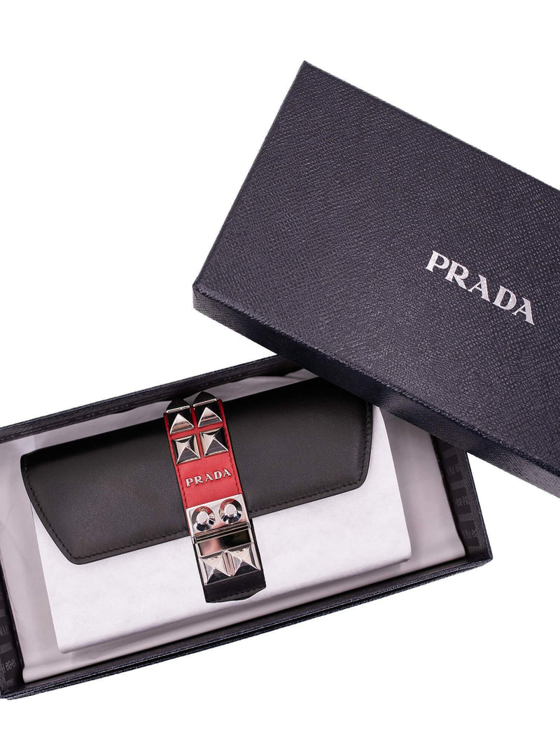 Prada Leather Studded Elektra Wallet on Chain Black