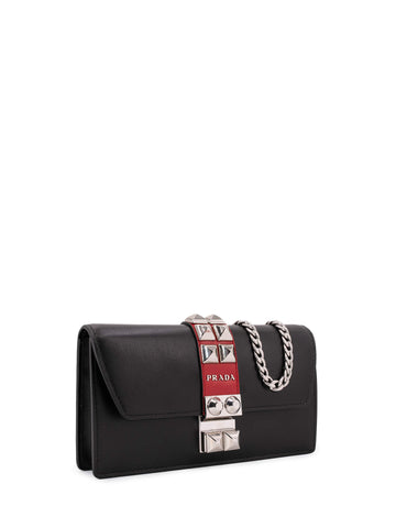 Prada Leather Studded Elektra Wallet on Chain Black-designer resale