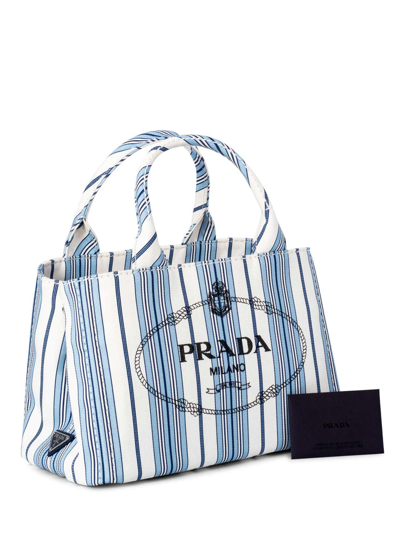 Prada Logo Canvas Giardiniera Small Tote Bag White Blue