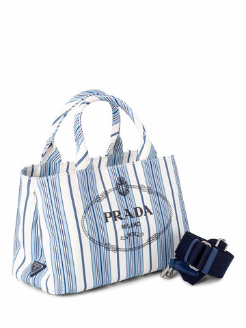 Prada Logo Canvas Giardiniera Small Tote Bag White Blue-designer resale