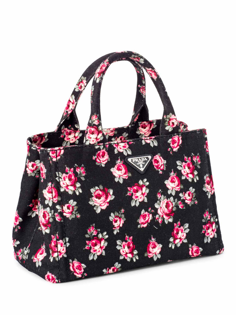 Prada Logo Floral Canvas Giardiniera Small Tote Bag Black-designer resale