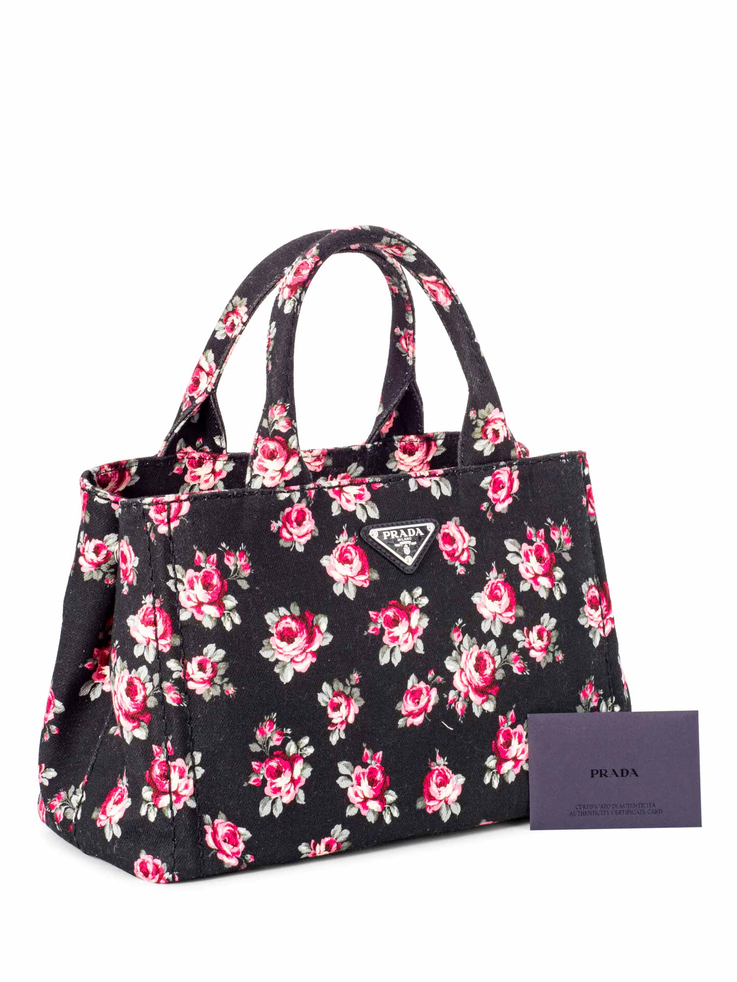 Prada Logo Floral Canvas Giardiniera Small Tote Bag Black-designer resale