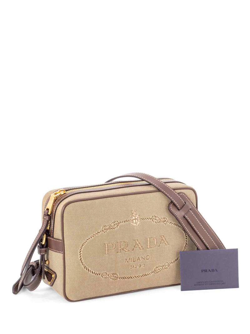 Prada Logo Leather Canvas Heritage Messenger Bag Brown-designer resale