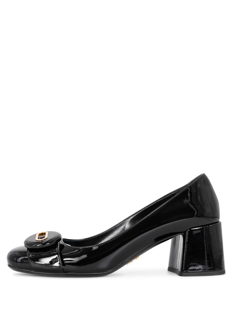 Prada Logo Patent Leather Block Heel Shoes Black-designer resale