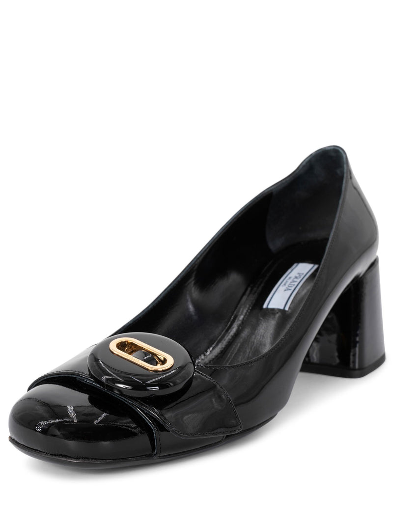 Prada Logo Patent Leather Block Heel Shoes Black-designer resale