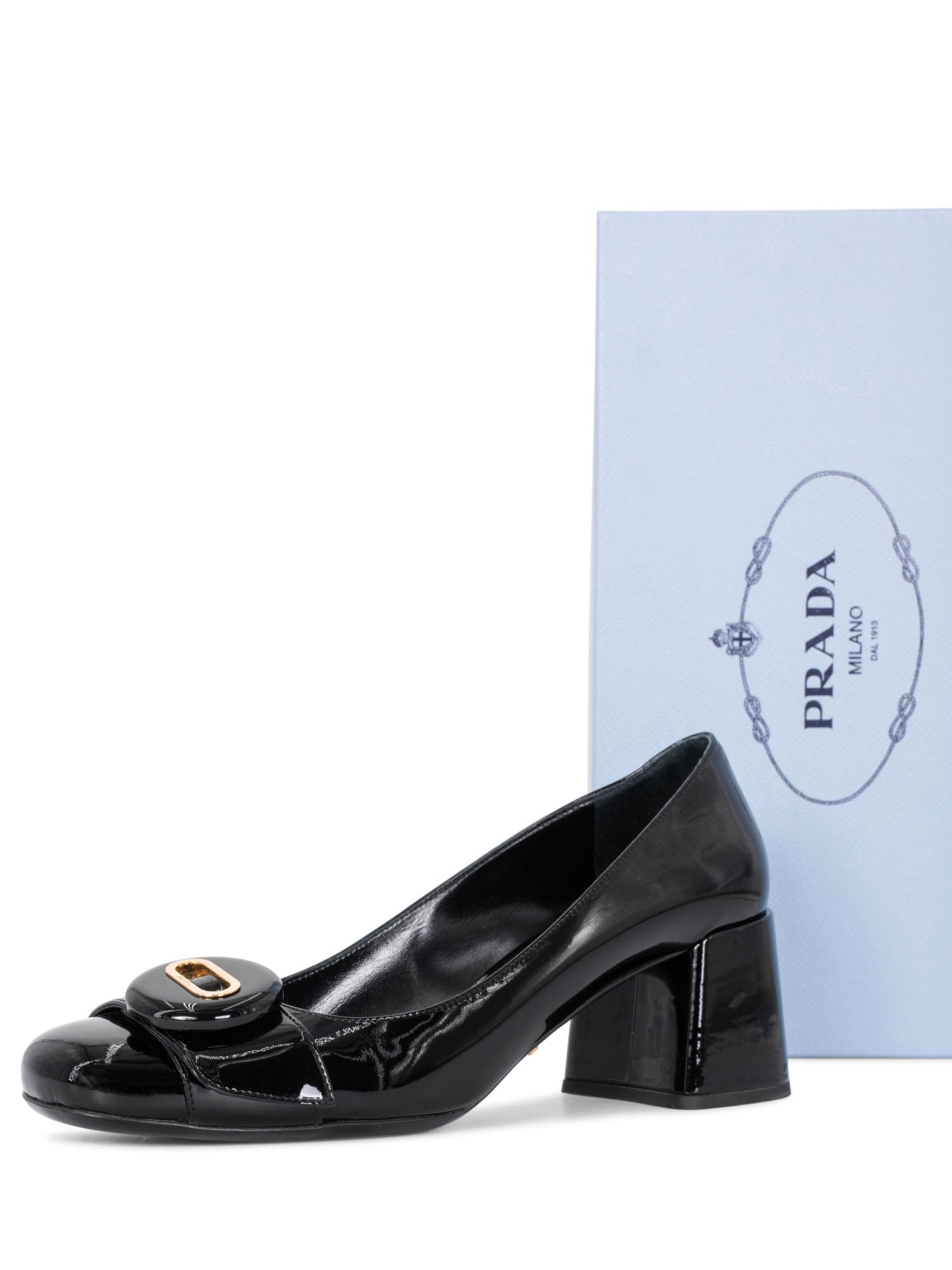 Prada Logo Patent Leather Block Heel Shoes Black-designer resale