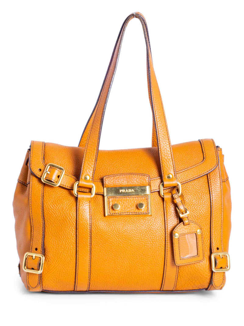 Prada Logo Pebble Leather Flap Shopper Bag Orange-designer resale