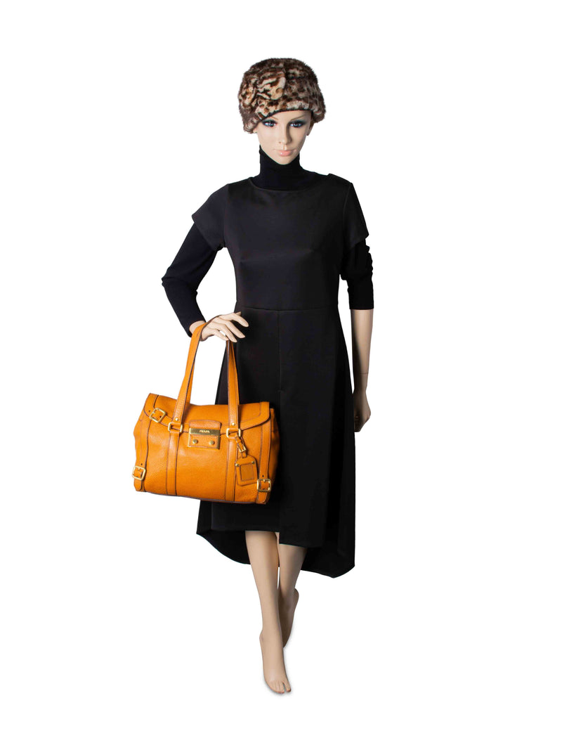 Prada Logo Pebble Leather Flap Shopper Bag Orange-designer resale