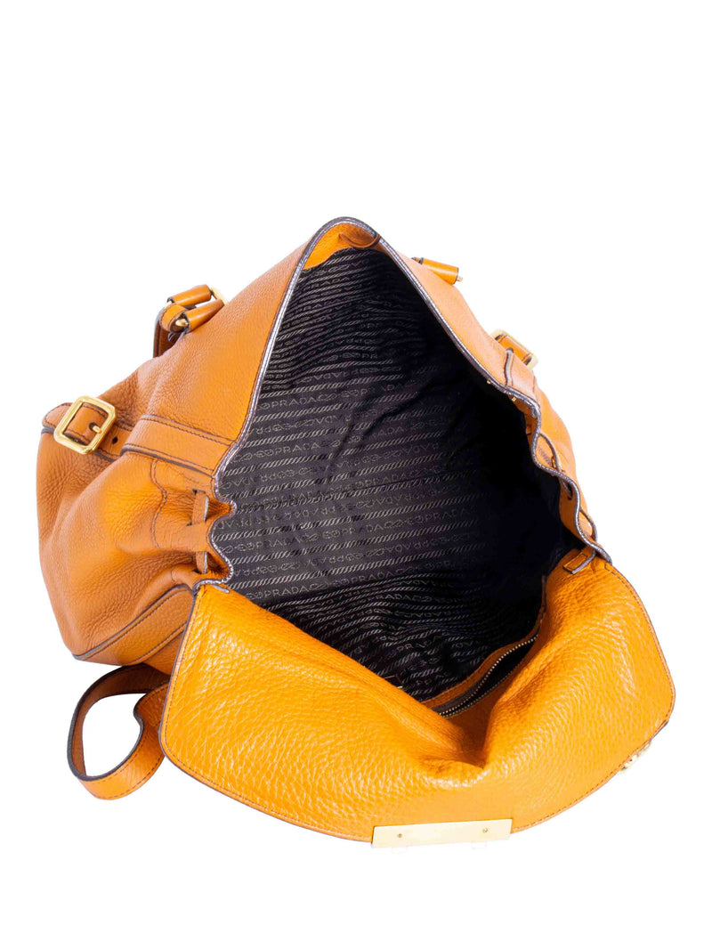Prada Logo Pebble Leather Flap Shopper Bag Orange-designer resale