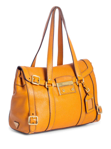 Prada Logo Pebble Leather Flap Shopper Bag Orange-designer resale