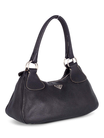 Prada Logo Pebble Leather Shoulder Bag Black-designer resale