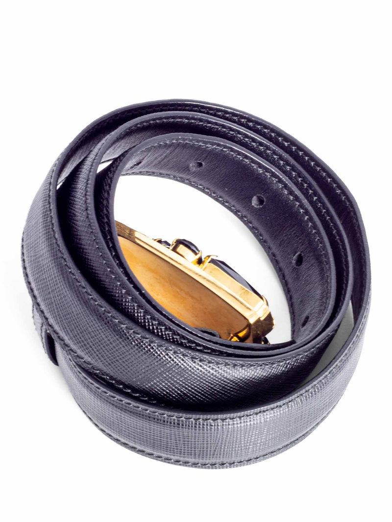 Prada Logo Saffiano Leather Gem Stone Buckle Belt Black Gold-designer resale