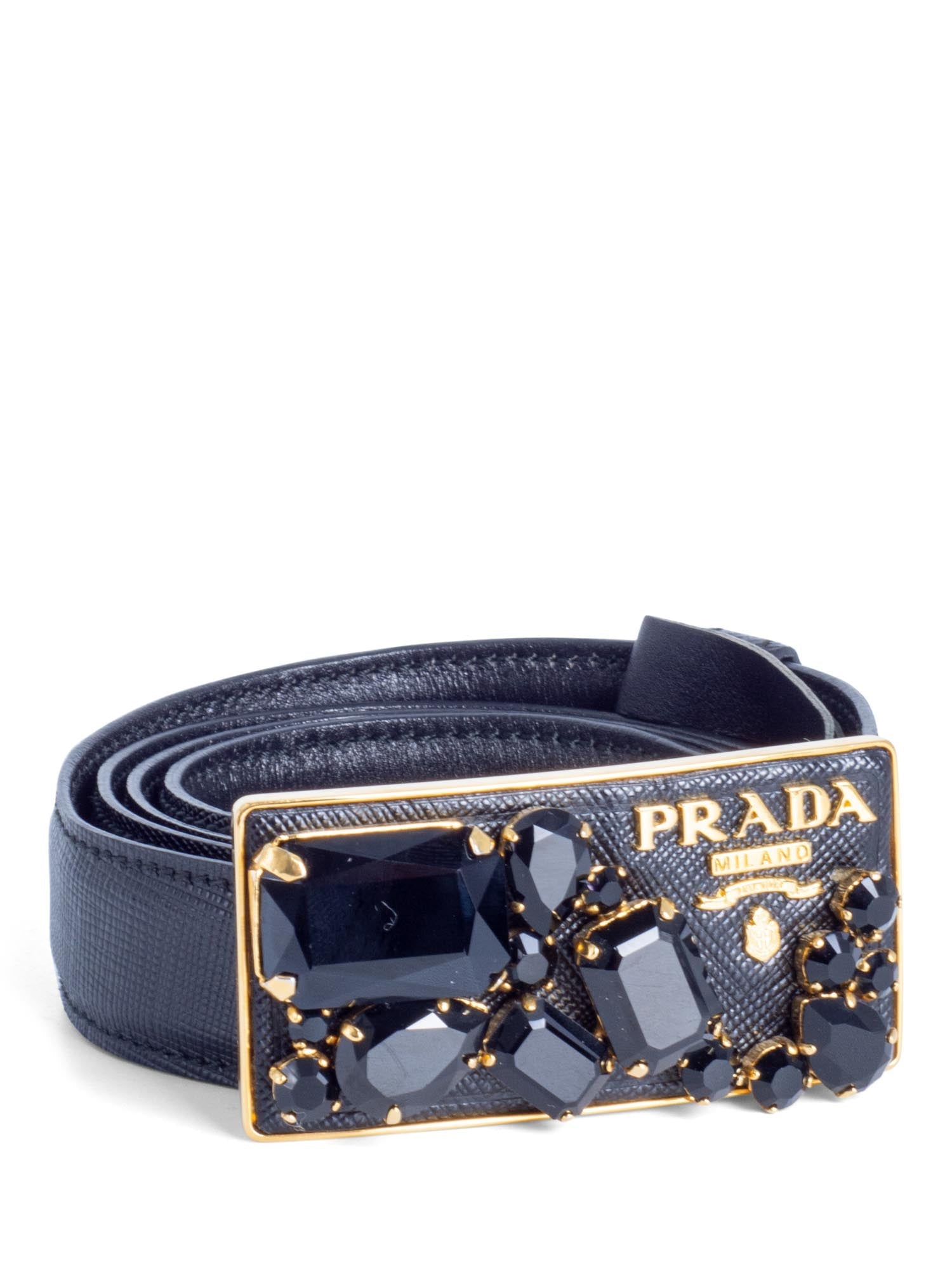 Prada Logo Saffiano Leather Gem Stone Buckle Belt Black Gold-designer resale