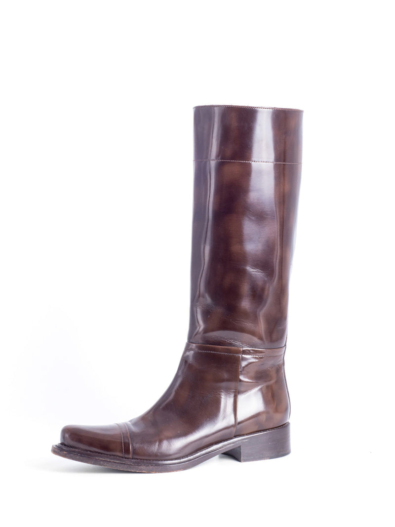 Prada Patent Leather Equestrian Boots Brown-designer resale