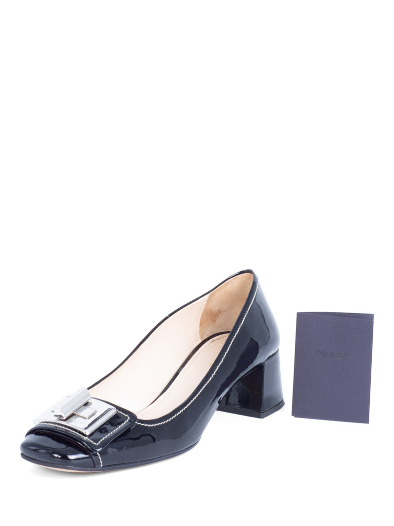 Prada Patent Leather Turnlock Buckle Logo Block Heel Shoes Black-designer resale