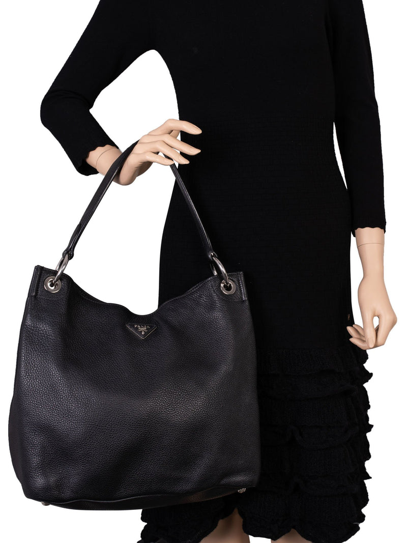 Prada Pebble Leather Hobo Bag Black-designer resale