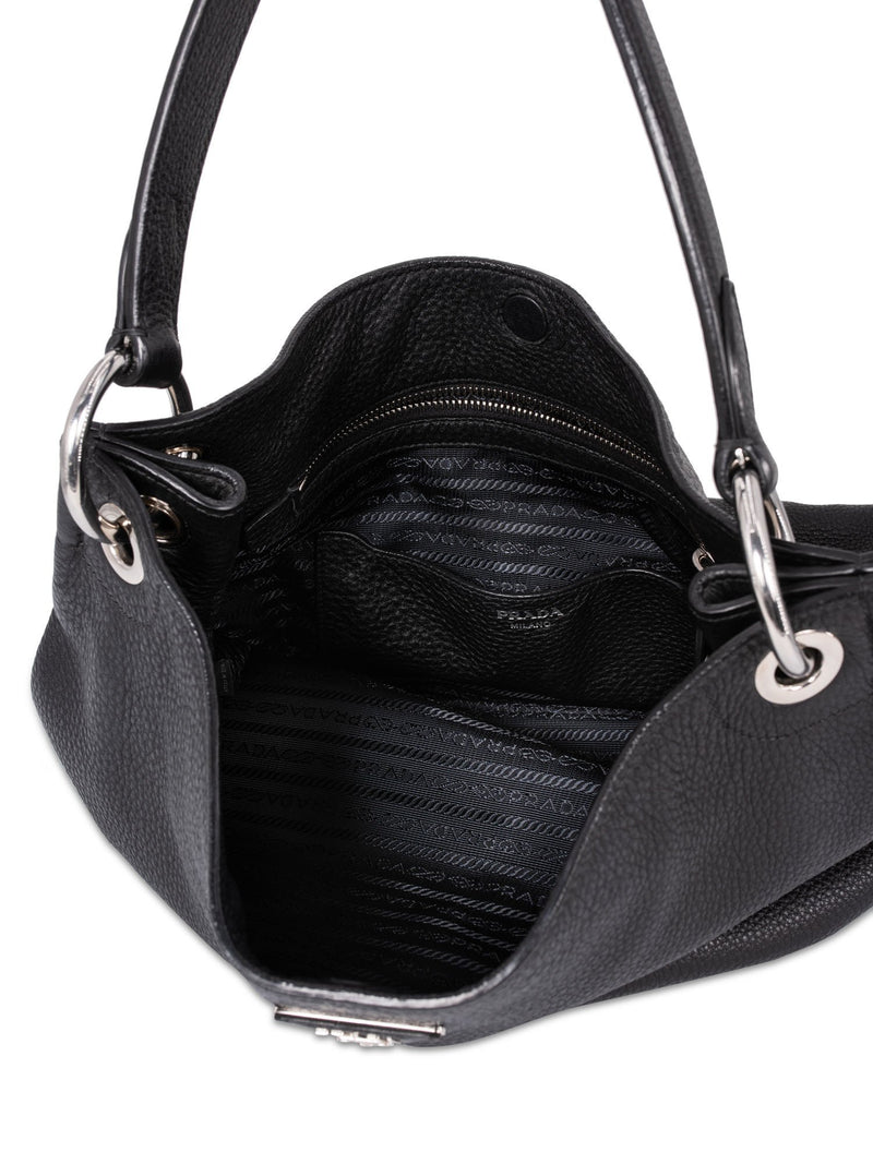 Prada Pebble Leather Hobo Bag Black-designer resale