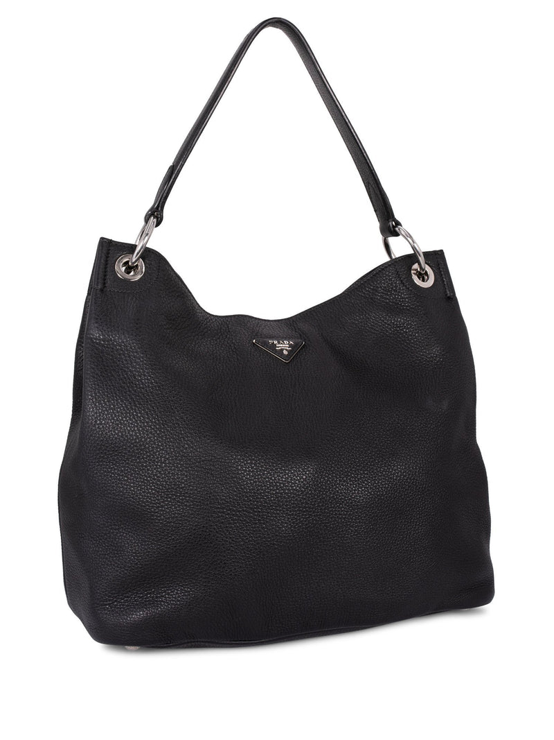 Prada Pebble Leather Hobo Bag Black-designer resale