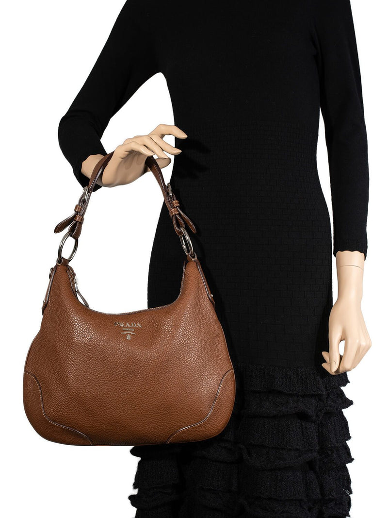 Prada Pebble Leather Hobo Bag Brown-designer resale
