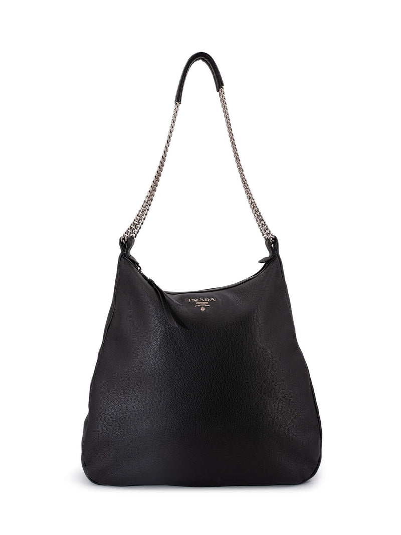 Prada Pebble Leather Large Hobo Bag Black-designer resale