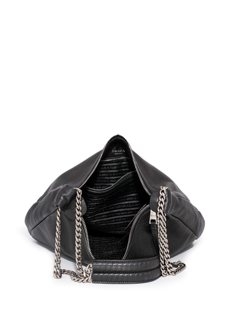 Prada Pebble Leather Large Hobo Bag Black-designer resale
