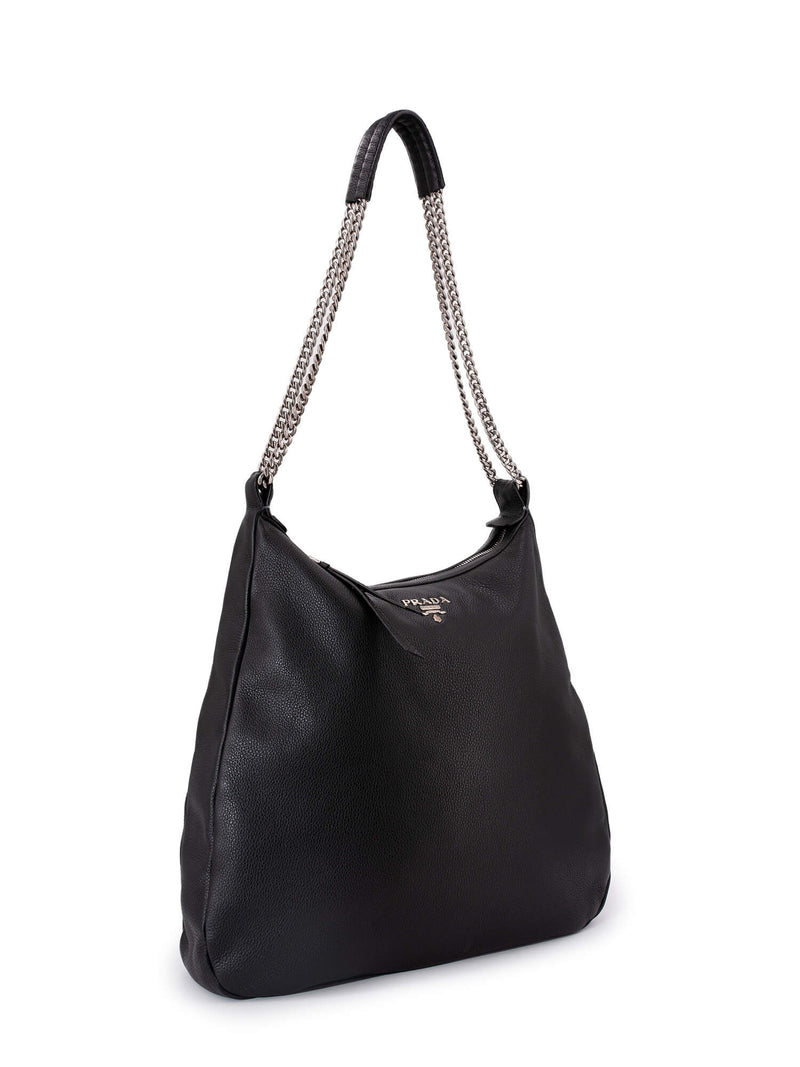 Prada Pebble Leather Large Hobo Bag Black-designer resale