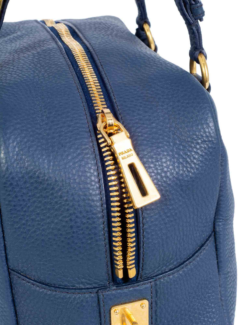 Prada Pebble Leather Shoulder Bag Blue-designer resale
