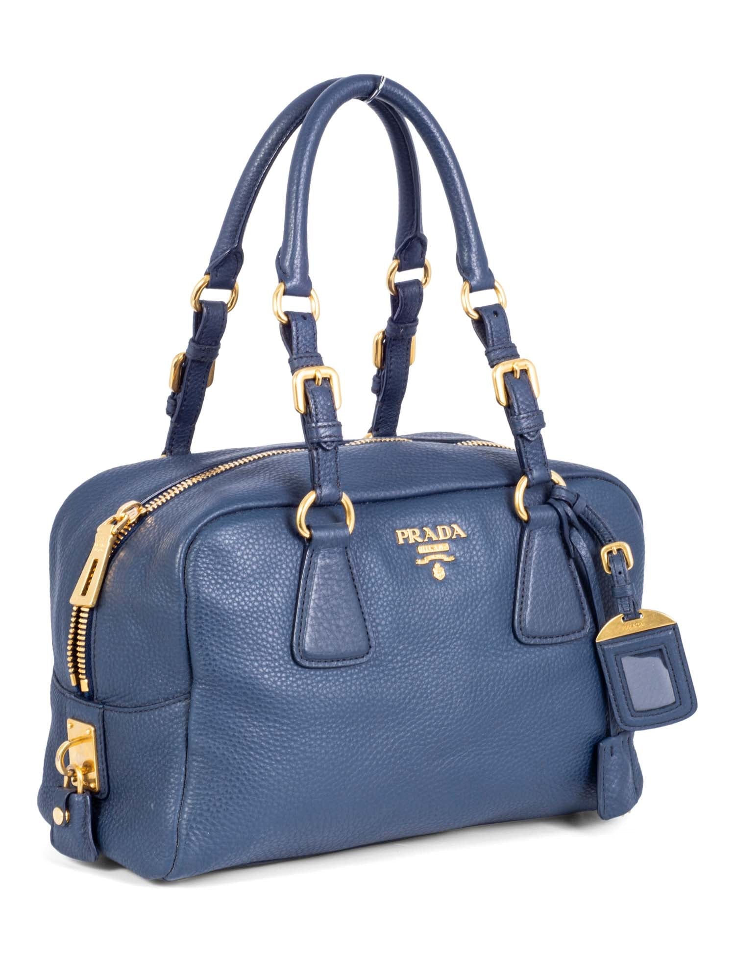Prada Pebble Leather Shoulder Bag Blue-designer resale