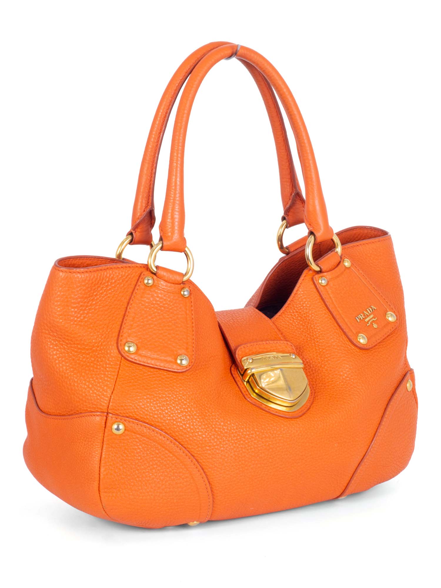 Prada Pebbled Leather Buckle Shoulder Bag Orange-designer resale