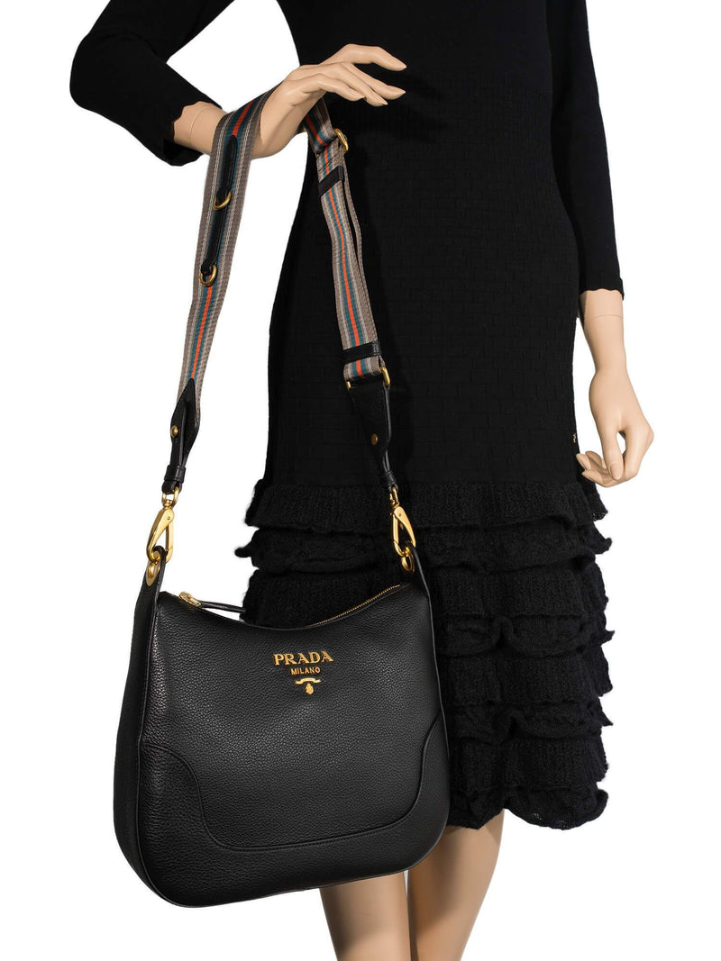 Prada Pebbled Leather Messenger Bag Black