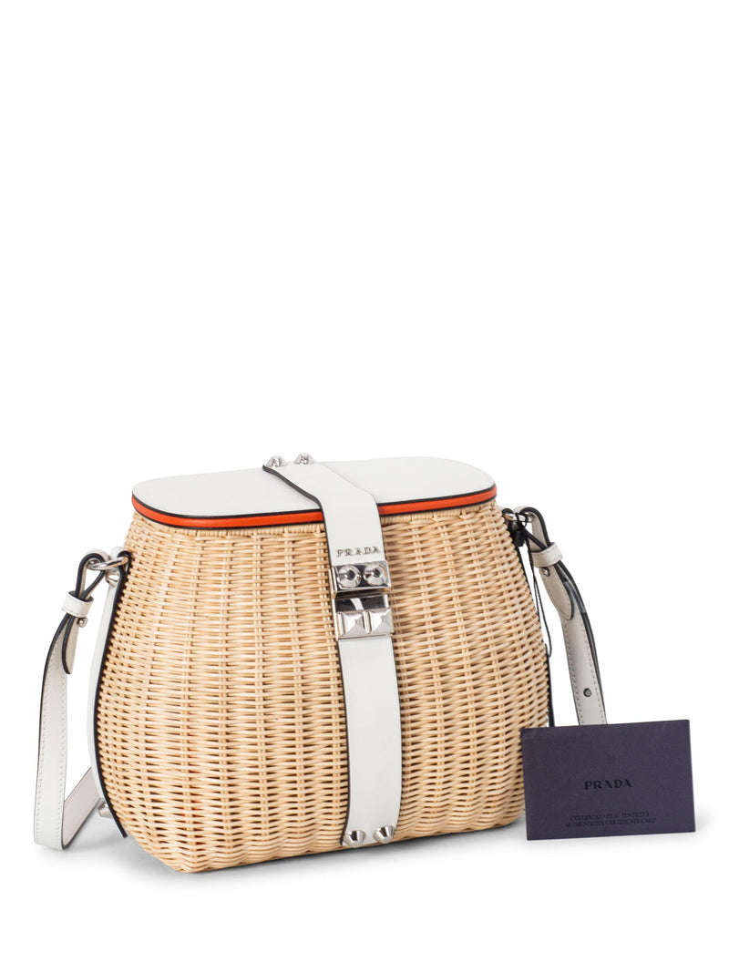 Prada Raffia Woven Handmade Bucket Messenger Bag White-designer resale